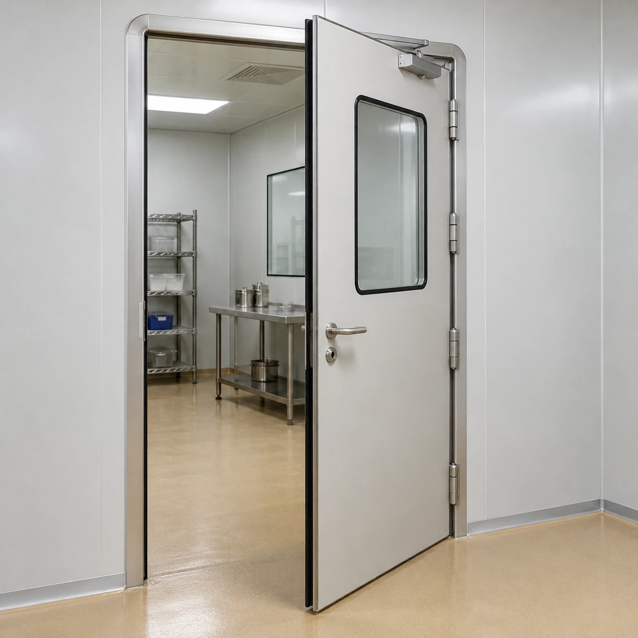 Open swing cleanroom door showing hinges, closer and perimeter frame