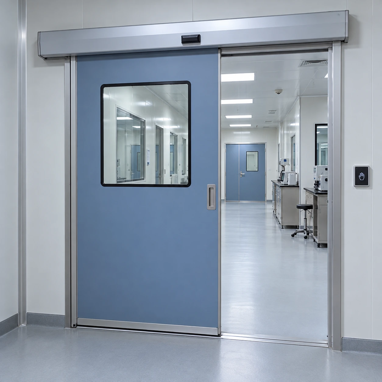 Automatic sliding cleanroom door with enclosed operator and touchless wall control