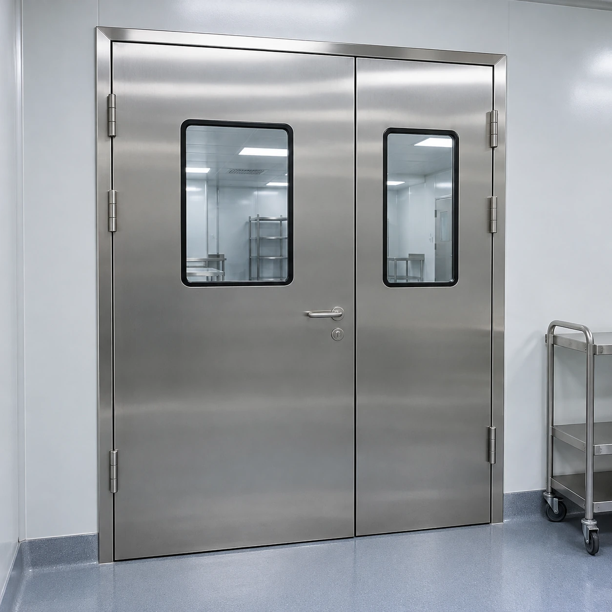 Stainless paired cleanroom doors at a biologics support-room entrance