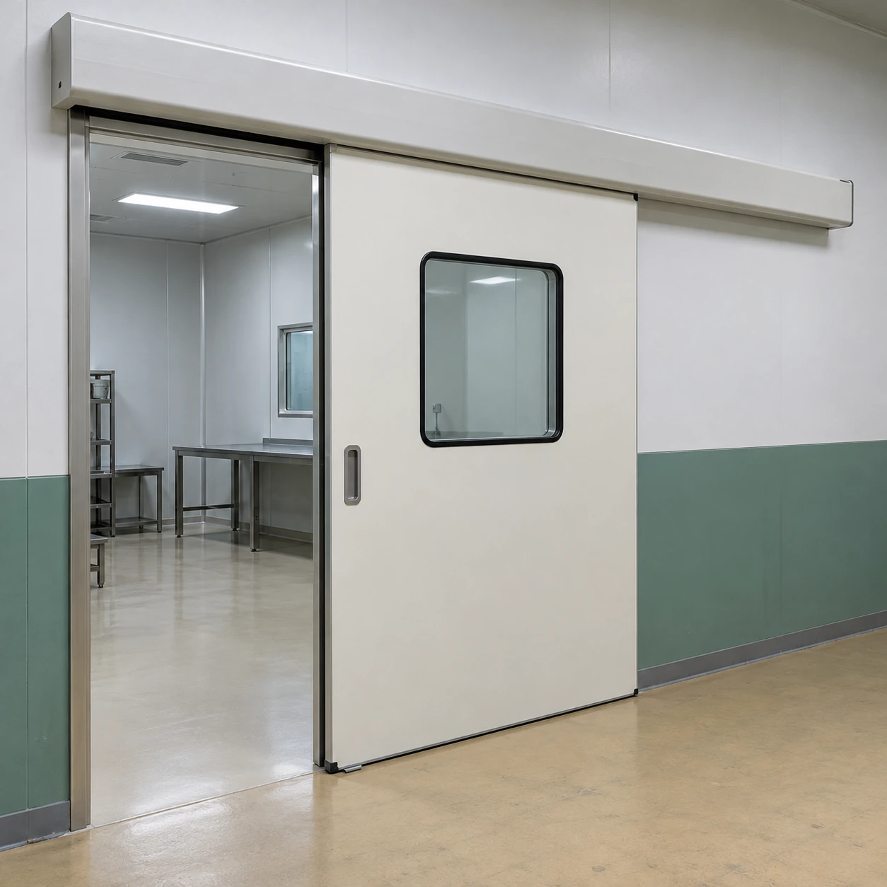 Partly open sliding cleanroom door showing overhead rail and lateral parking space