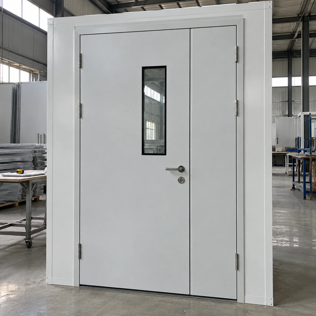 Tall single-and-a-half cleanroom doorset in a panel-wall fitting assembly