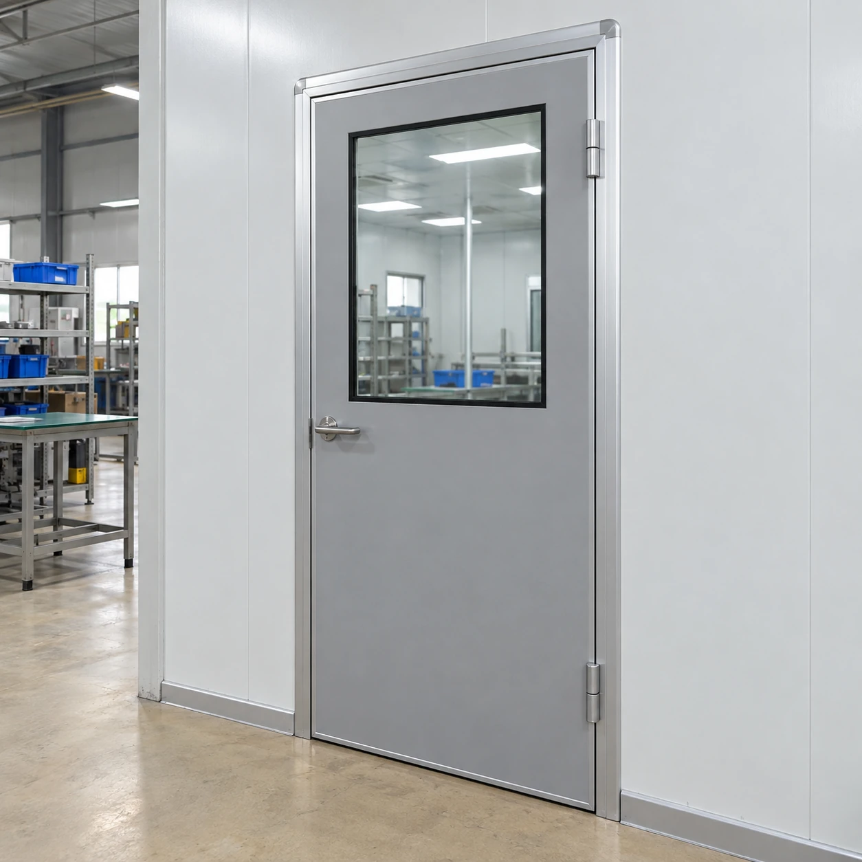 Cleanroom door with rounded aluminium frame profiles and a flush vision panel