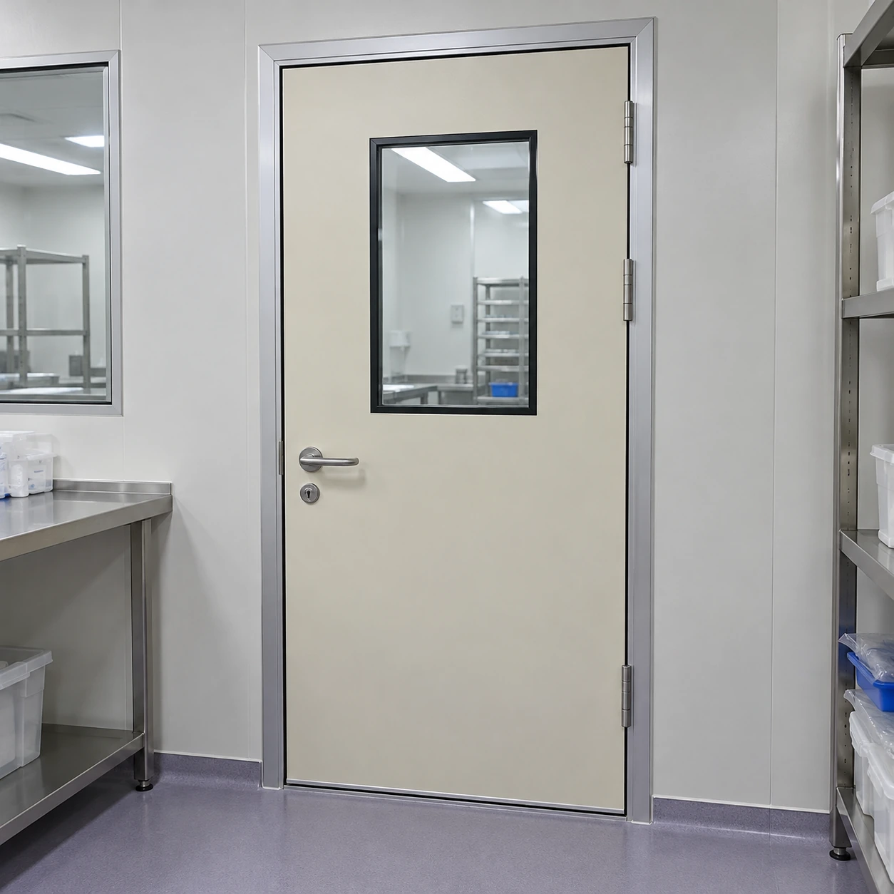 Aluminium-profile door with sealed frame junctions in a pharmaceutical support room