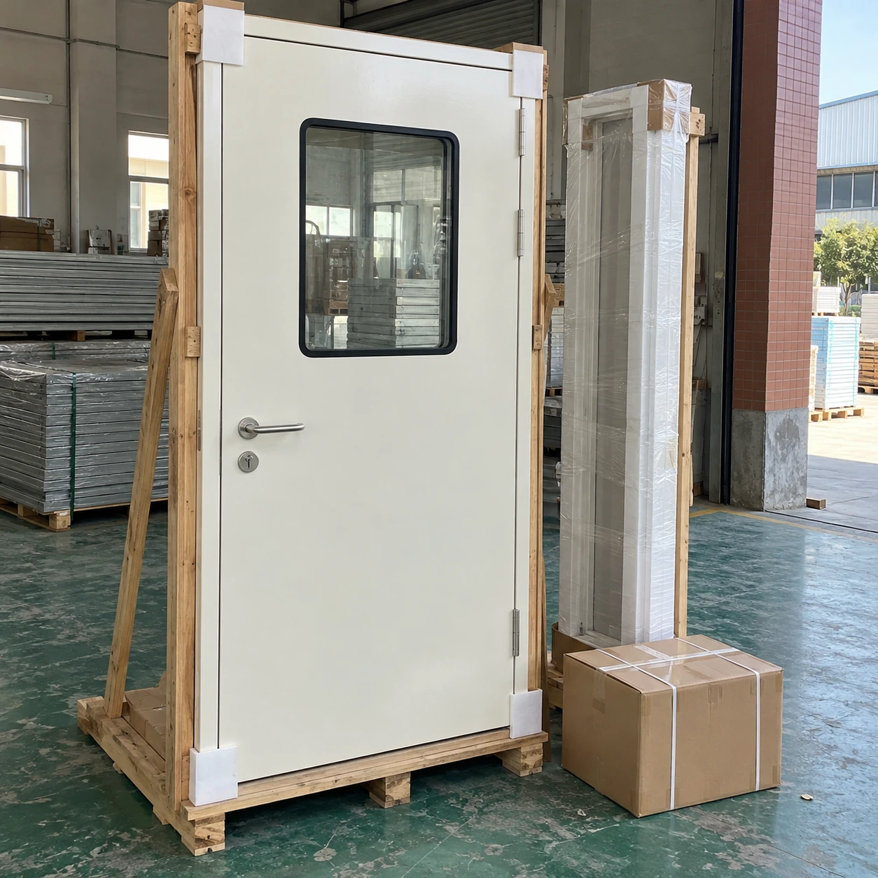 Protected cleanroom doorset secured to a timber rack in a dispatch area