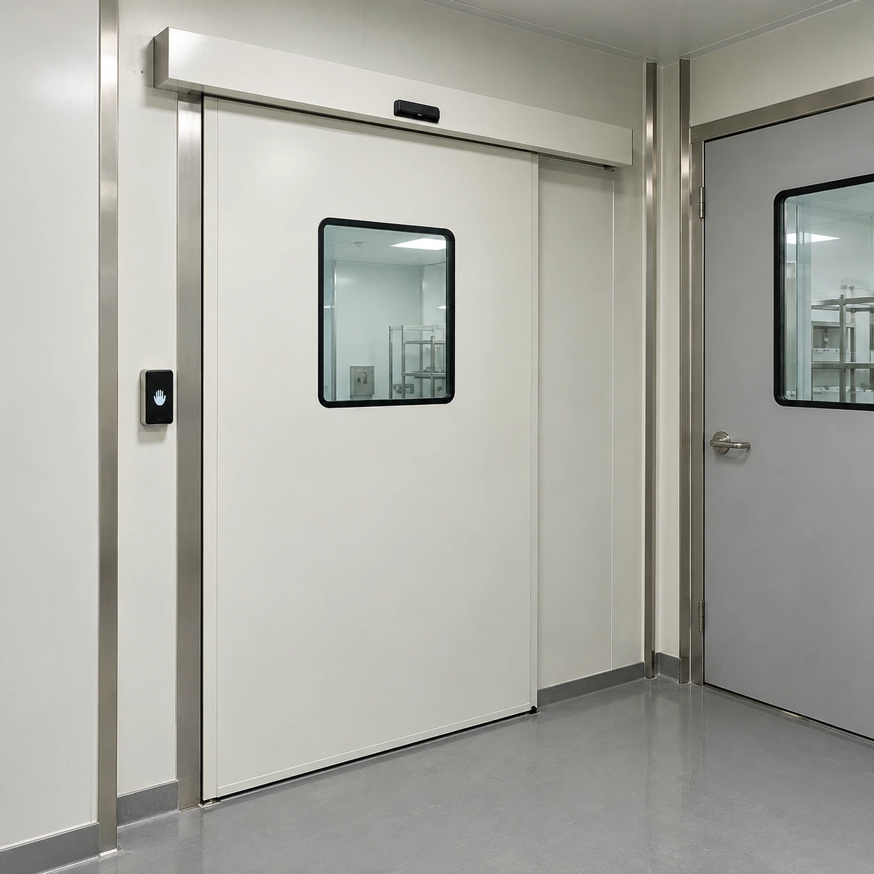 Automatic cleanroom door at an airlock with a second door on the adjacent wall
