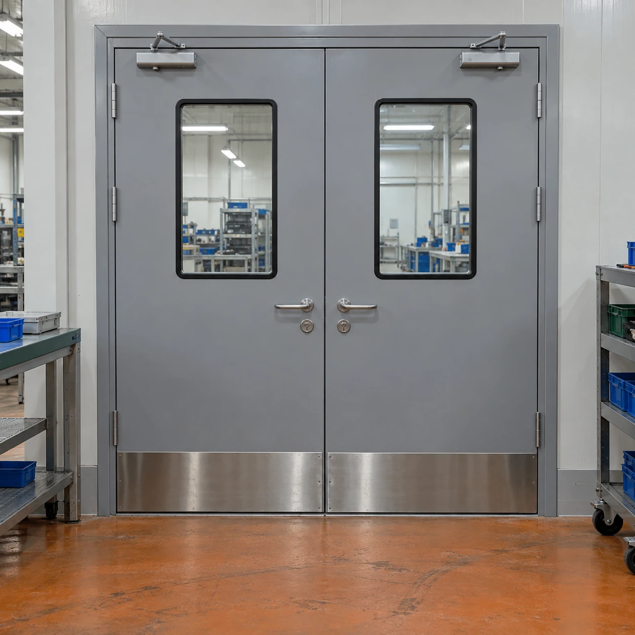Robust double cleanroom doors with lower impact plates in a production workshop