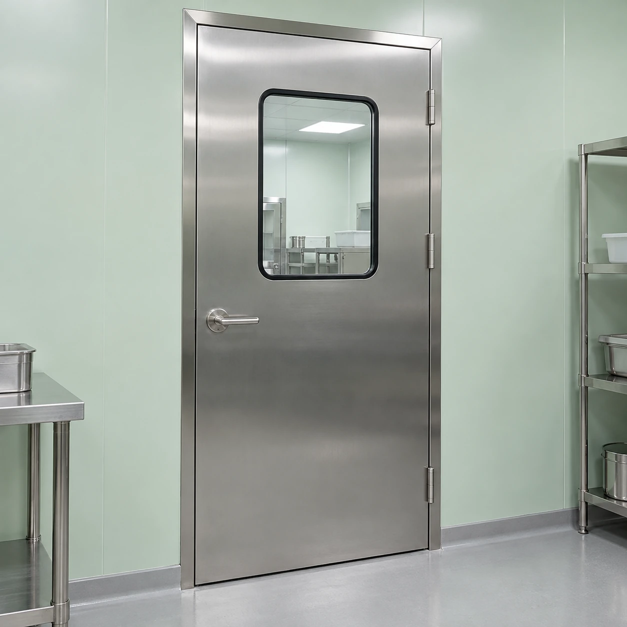 Brushed stainless steel cleanroom door with flush rectangular glazing
