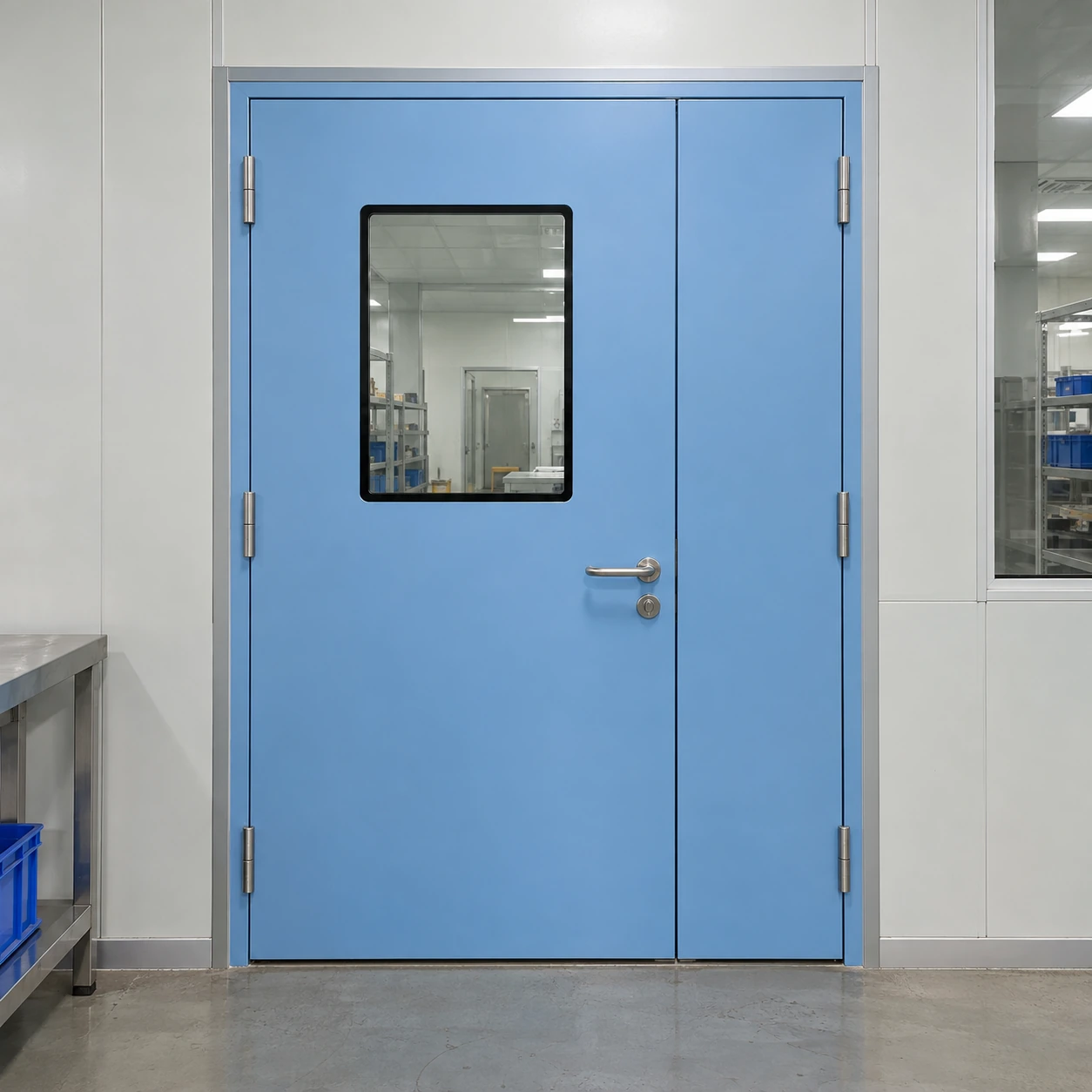 Coated steel single-and-a-half cleanroom door installed in a panel partition