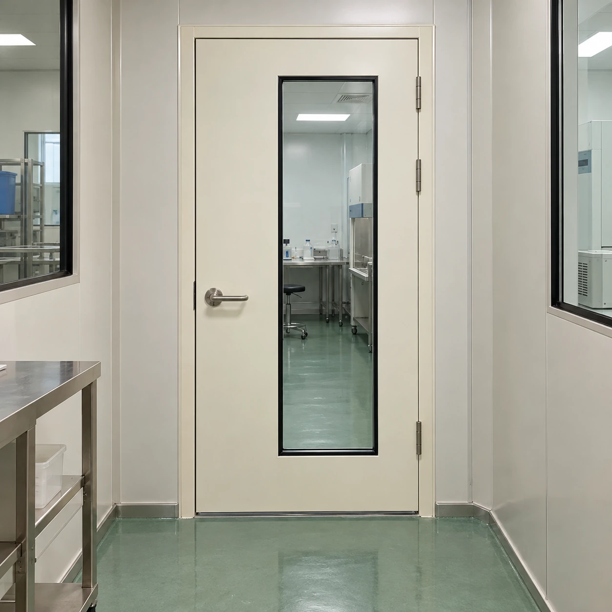 Glazed cleanroom door between a biotech support corridor and an equipment room