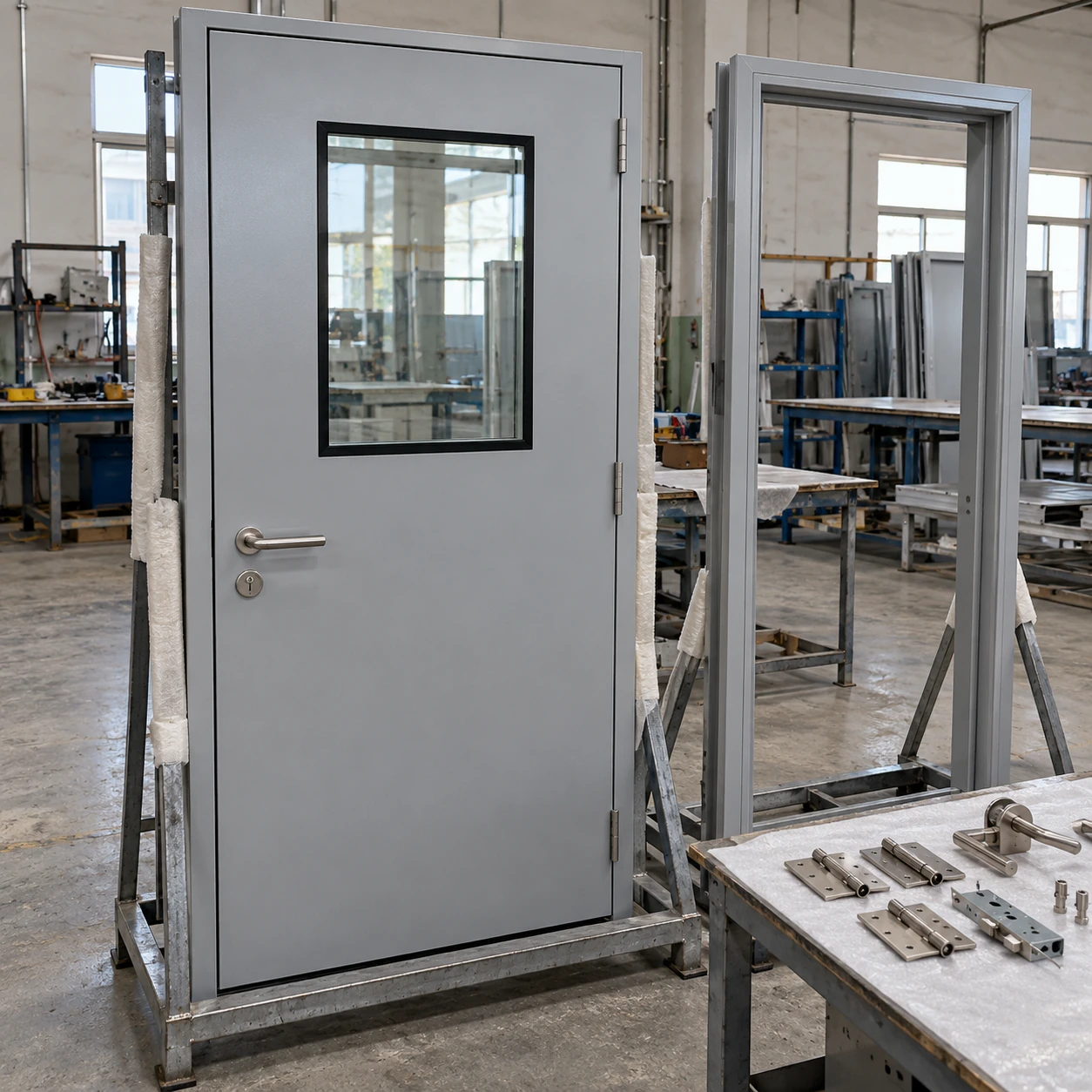 Steel cleanroom door and matching frame on a rack in a sheet-metal workshop