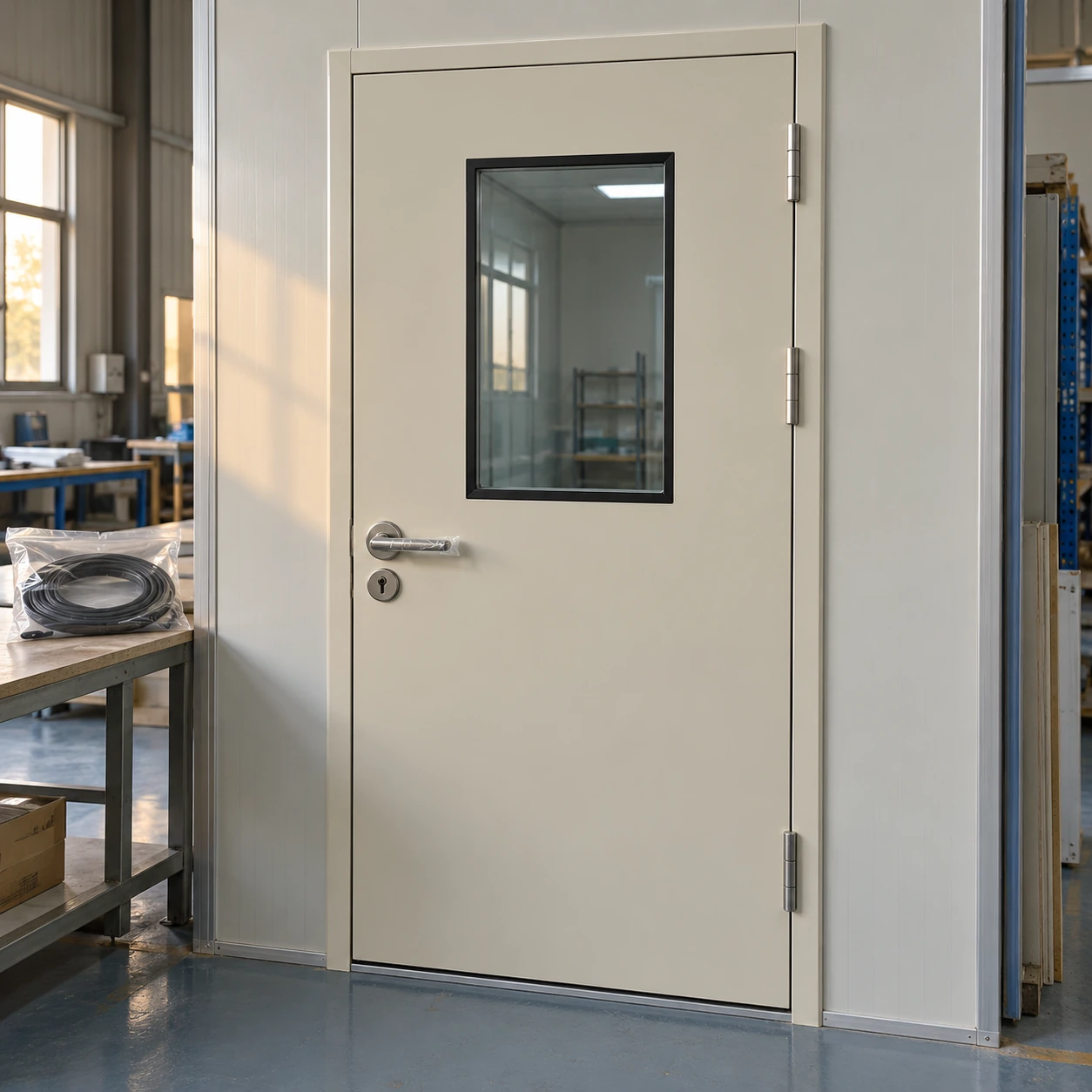 Cleanroom doorset in a panel test wall with a separately packed replacement gasket