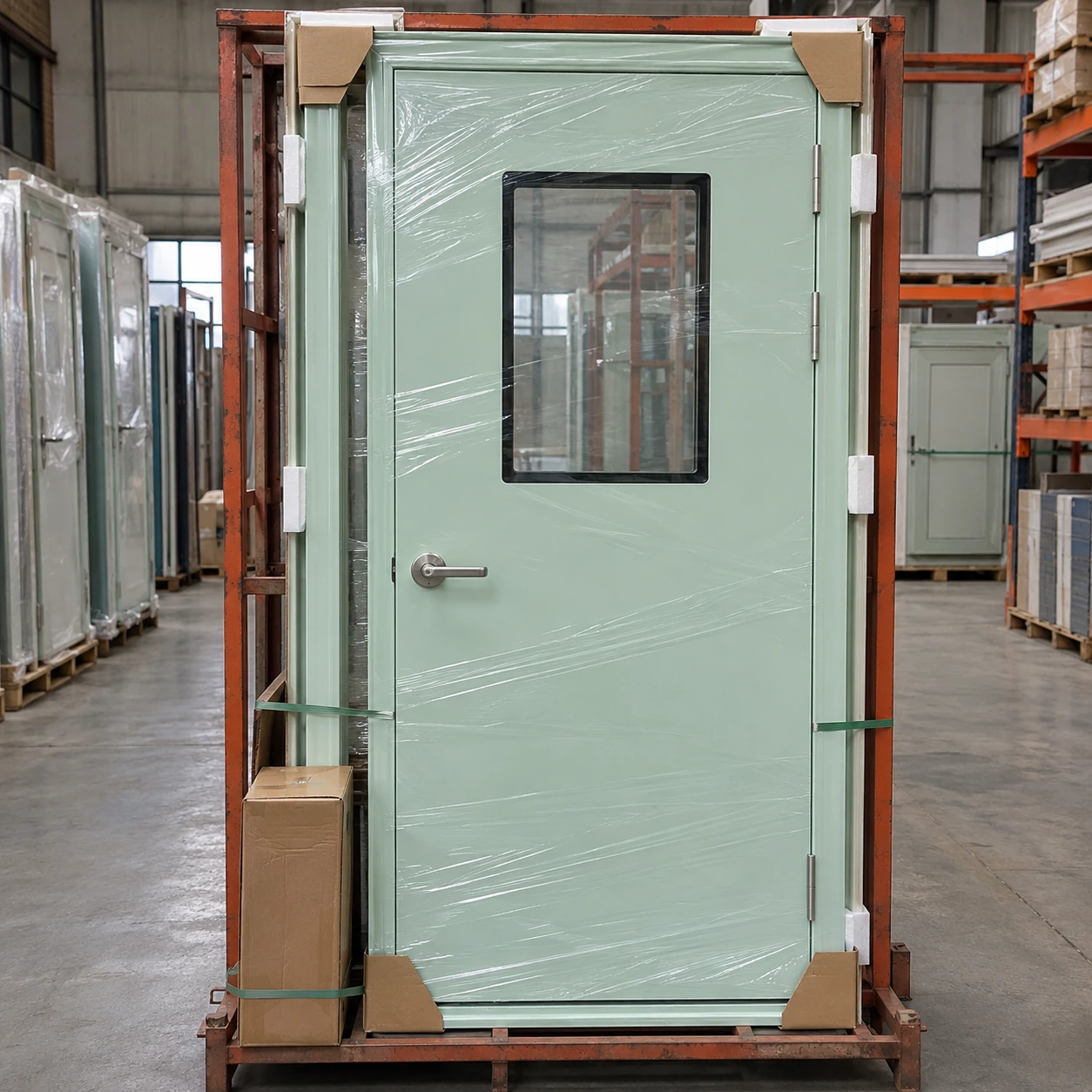 Protected cleanroom door and matching frame secured together for export packing