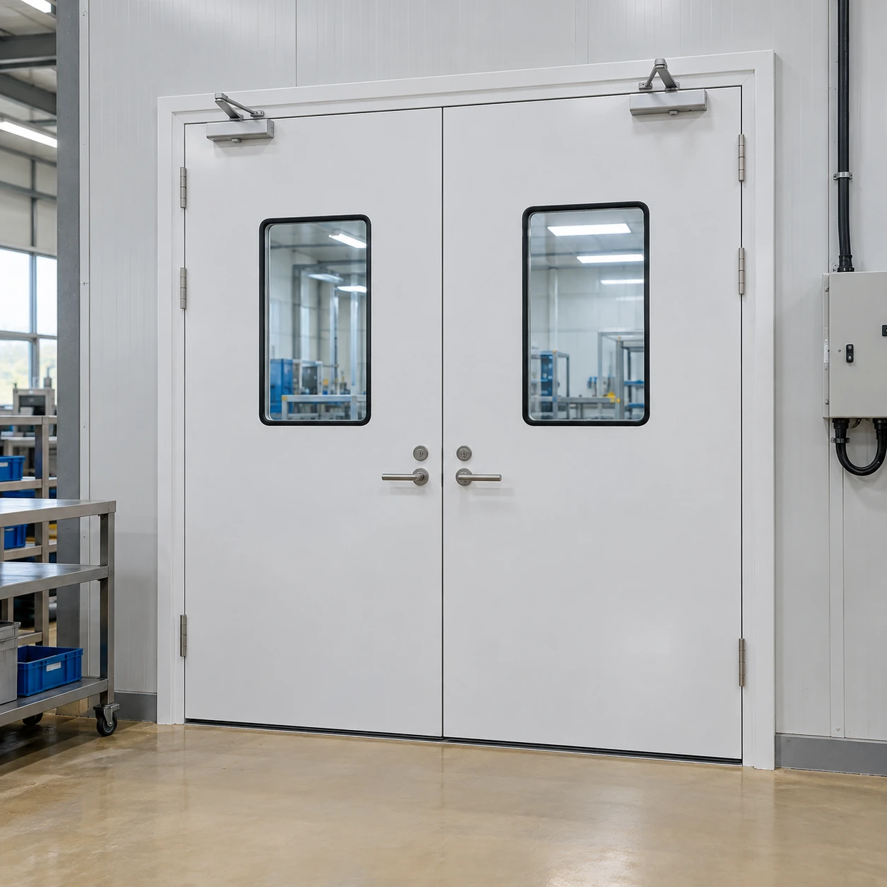 Complete double cleanroom doorset in a factory acceptance bay