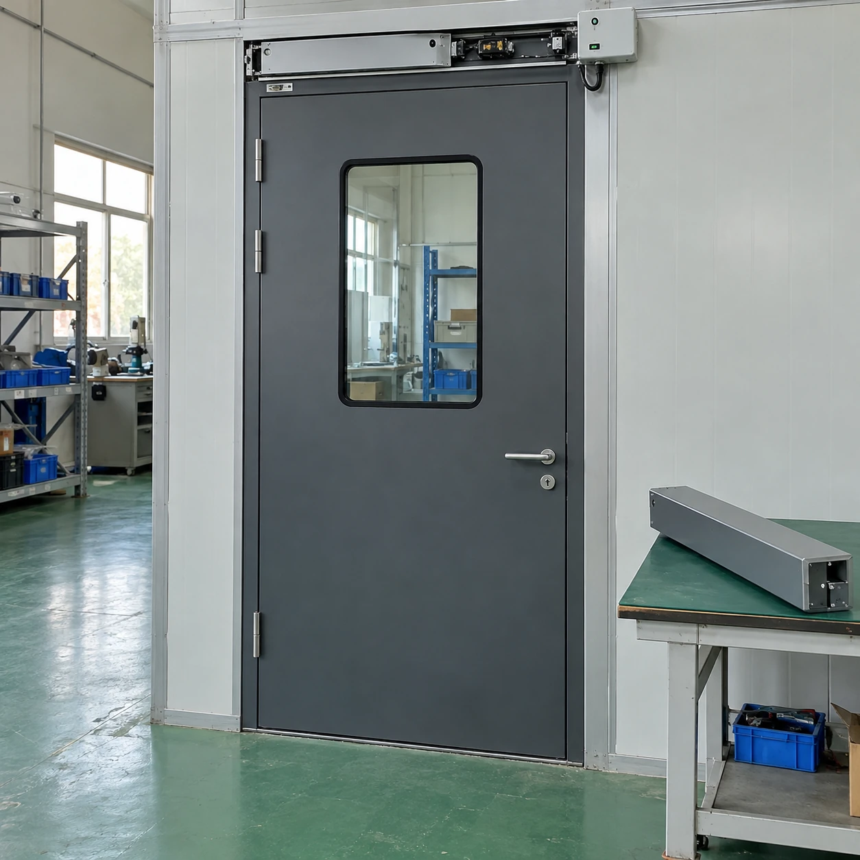 Cleanroom door assembly with accessible operator components in a service workshop