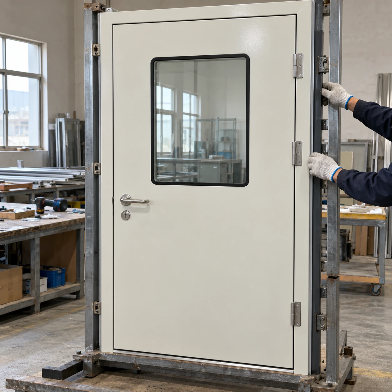 Cleanroom doorset on a fitting jig with hinge and strike alignment being adjusted