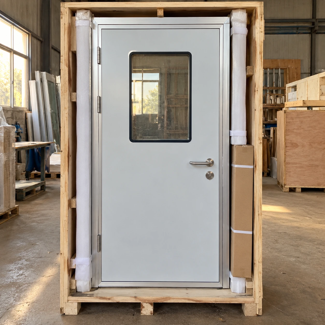 Protected cleanroom doorset in an open-front transport crate