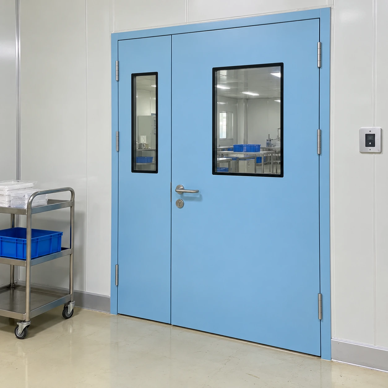 Unequal double cleanroom doors with a wall control beside a trolley approach
