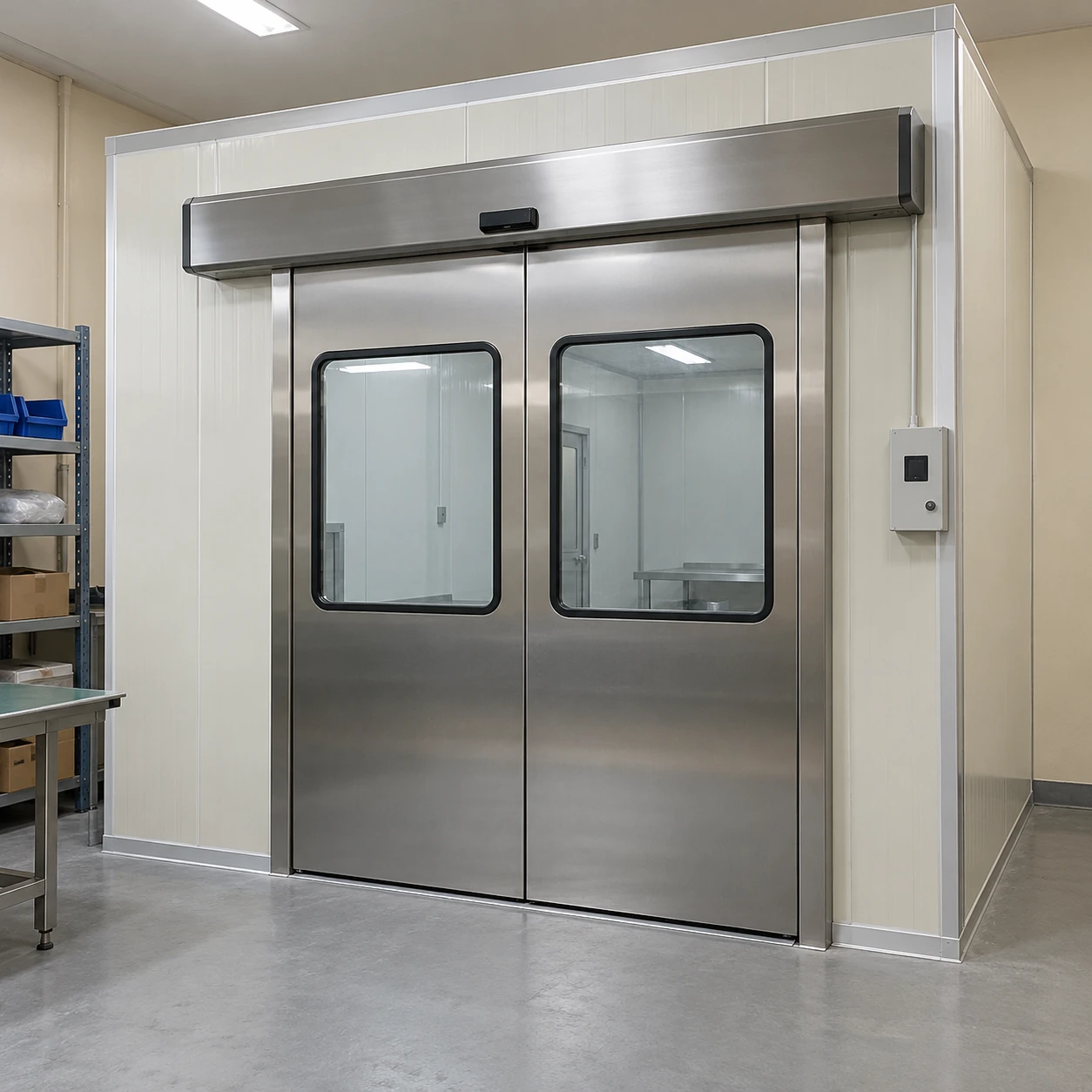 Automatic stainless sliding cleanroom door with an adjacent interface enclosure