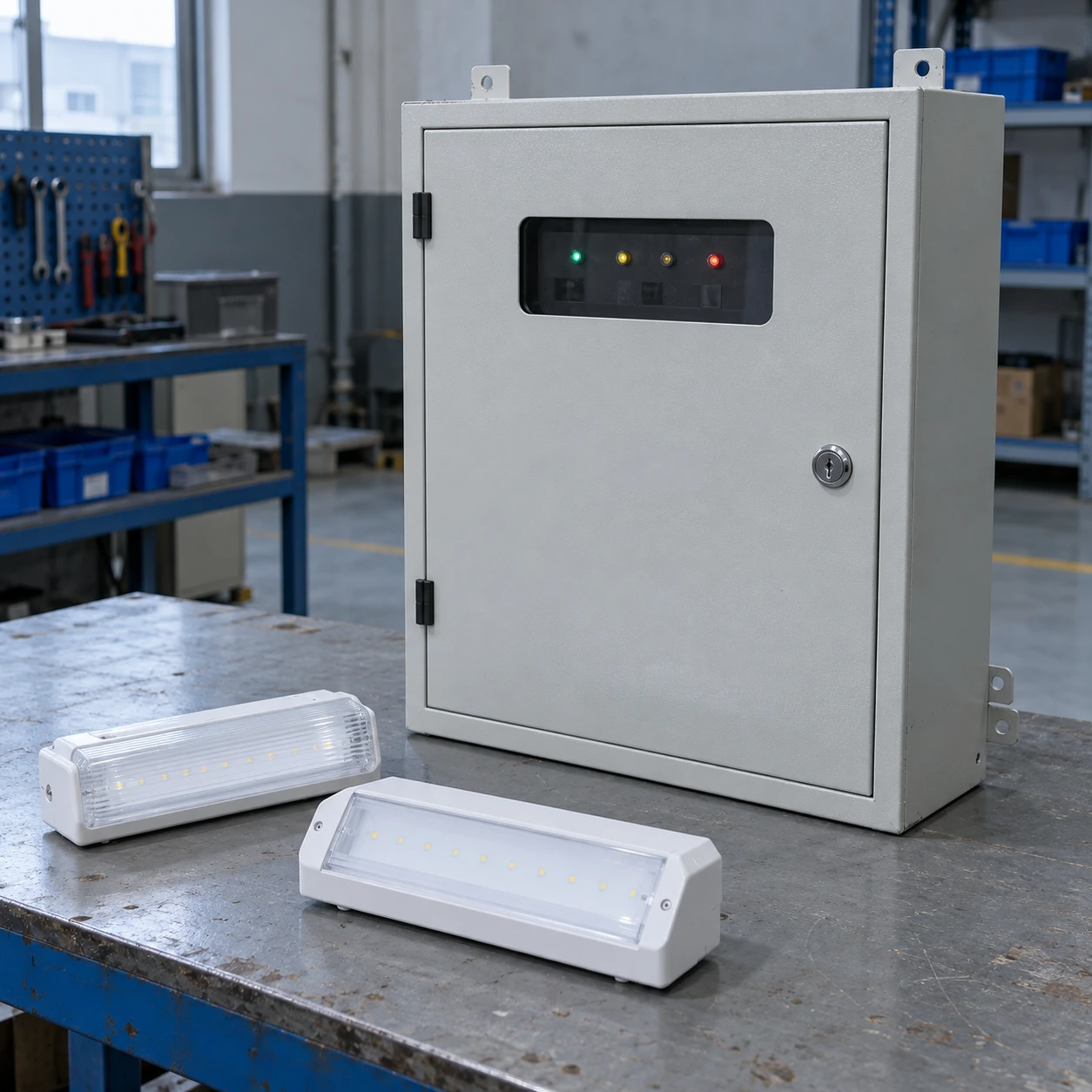 Compact DC emergency lighting control cabinet with two separate compatible LED luminaires on a workshop bench