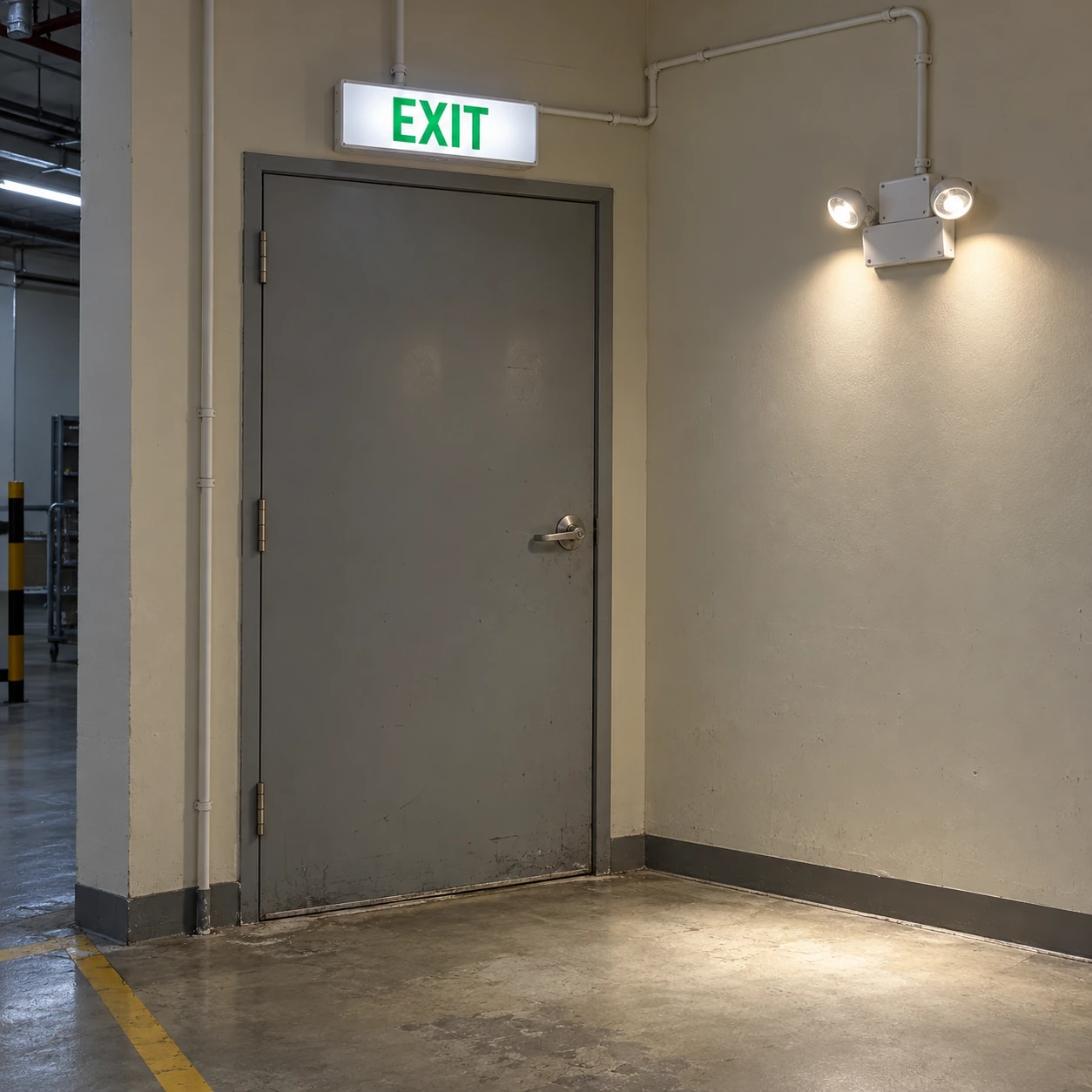 Green EXIT sign above an industrial doorway with a separate emergency light illuminating the approach