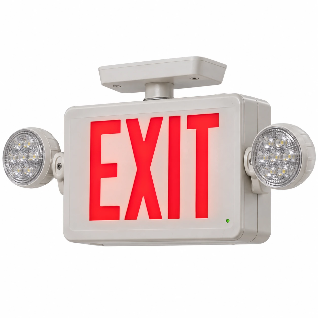 White combined EXIT sign with red lettering and two separate adjustable emergency light heads