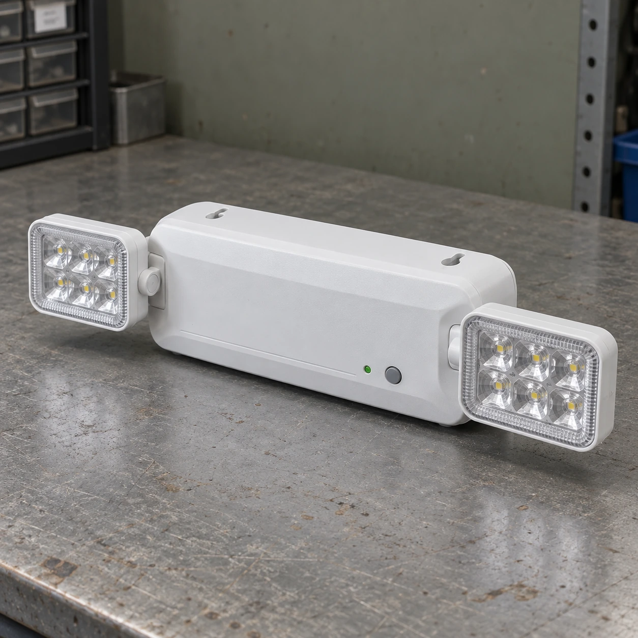 Compact white LED emergency lighting unit with two rectangular adjustable optical heads on an industrial assembly bench