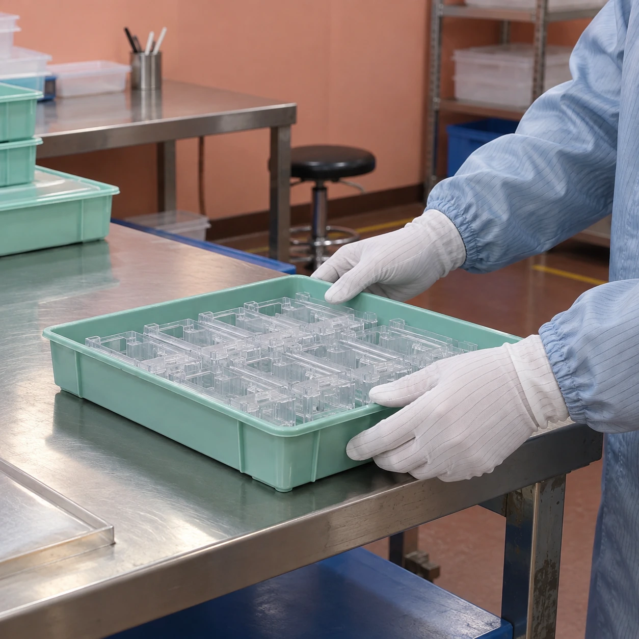 Cleanroom-gloved hands guiding a component tray at a controlled transfer bench