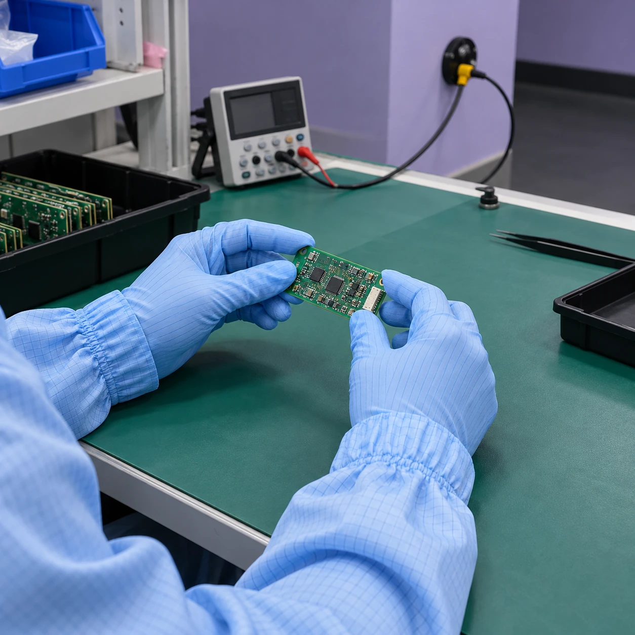 Cleanroom-gloved hands handling an unpowered circuit board at an ESD workbench