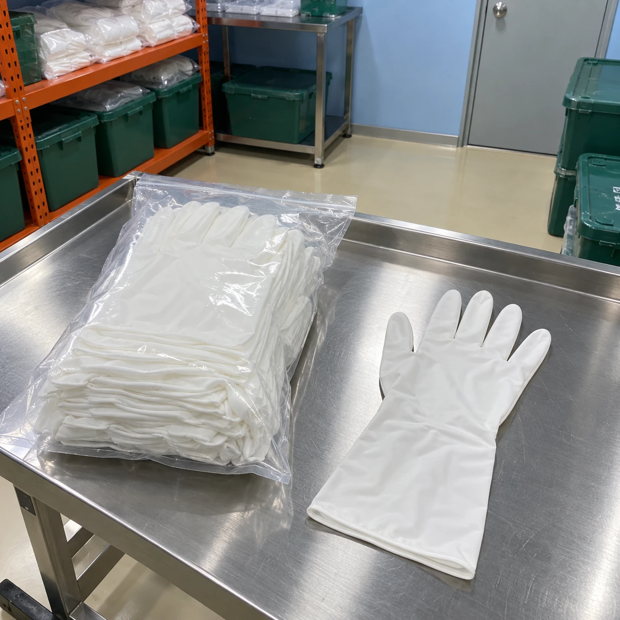 Bulk cleanroom gloves in nested protective bags beside a sample glove