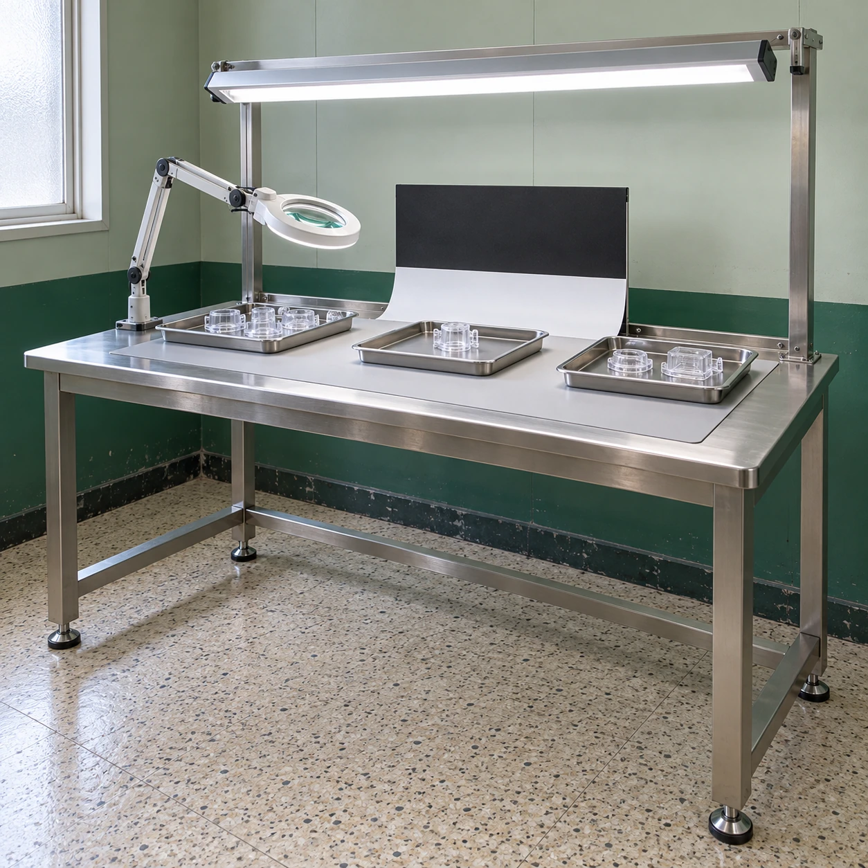 Stainless steel inspection workstation with overhead task light, magnifier, contrast panel and separate component trays