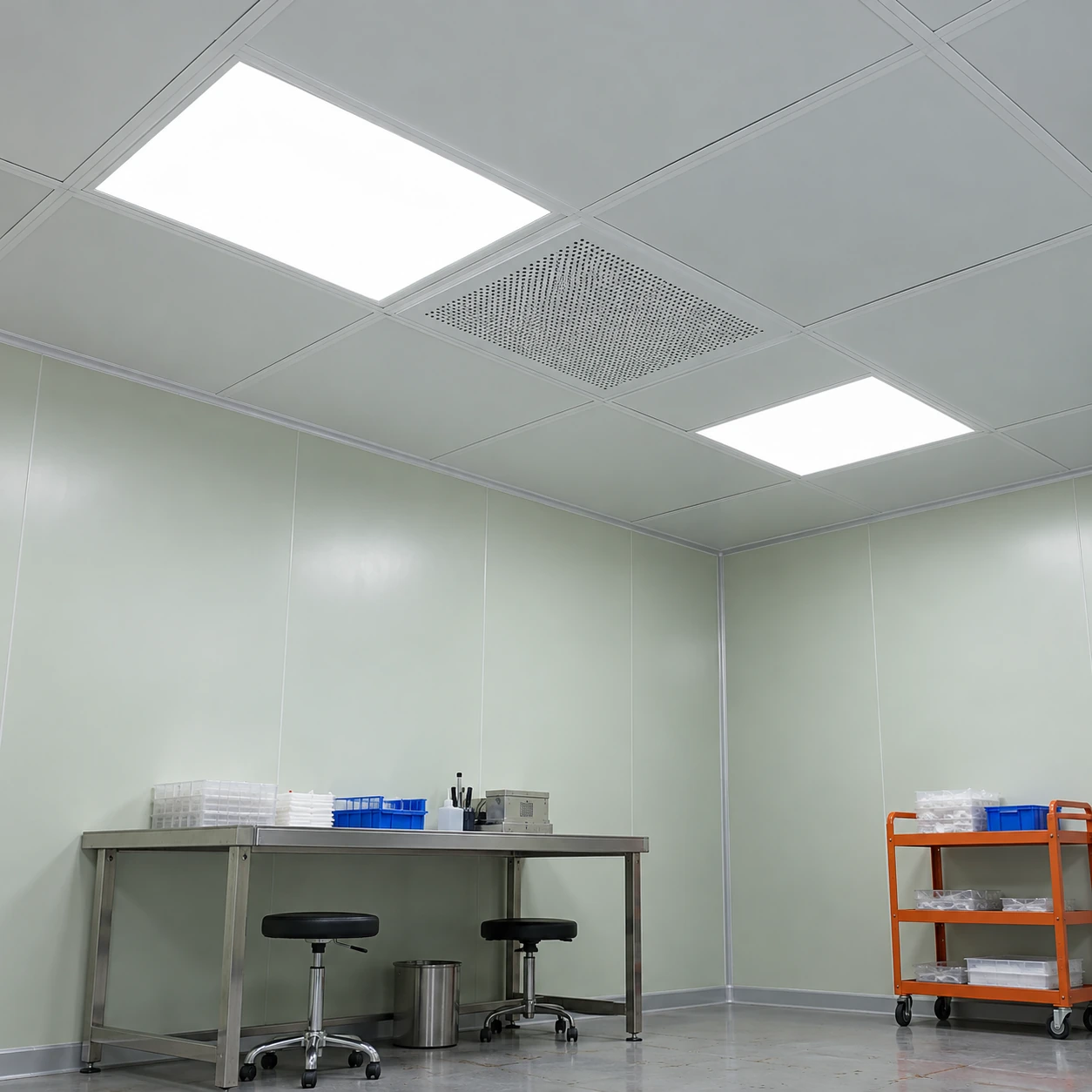 Ceiling lights coordinated with a separate air terminal above a small clean assembly work area