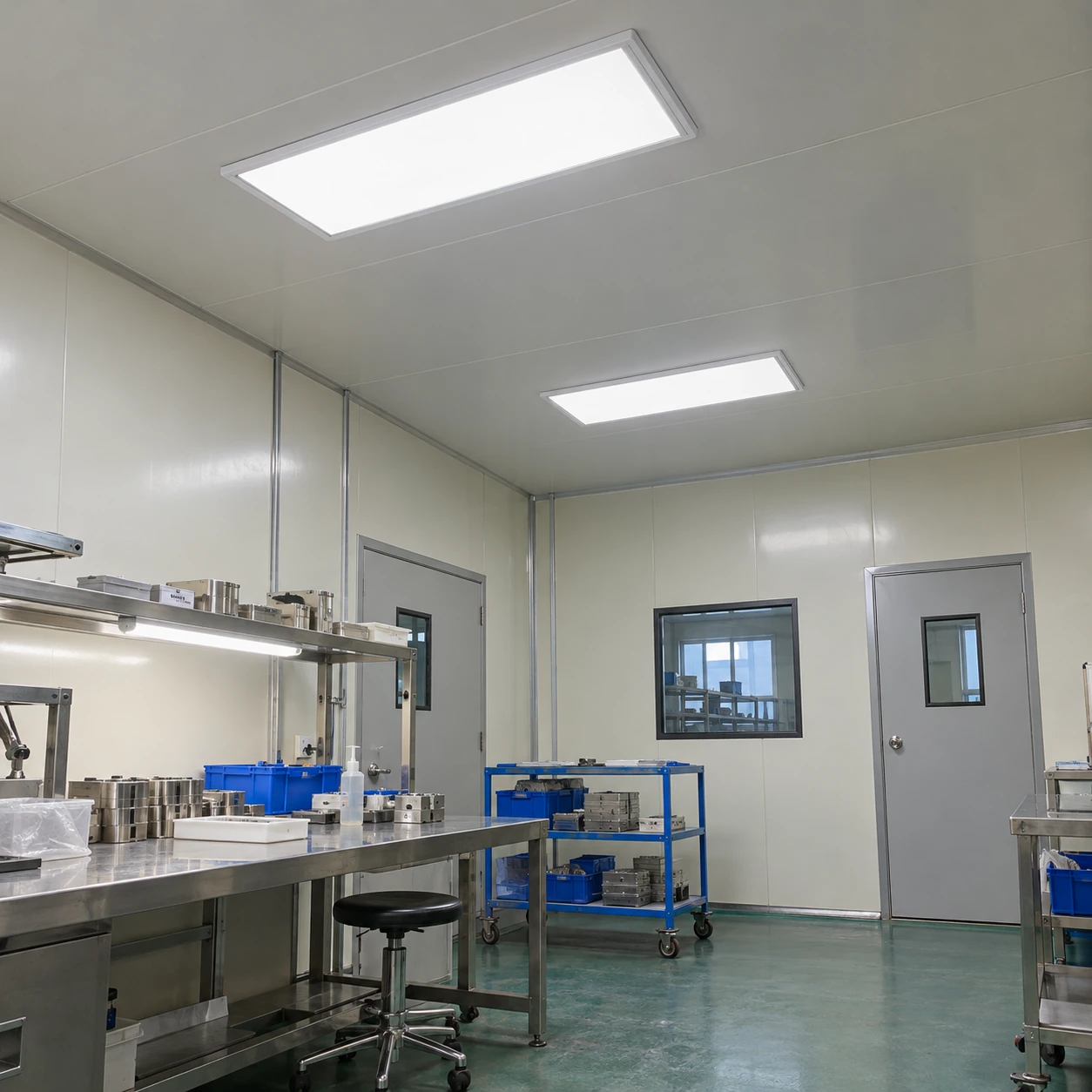 Sealed ceiling luminaires above a compact industrial assembly area