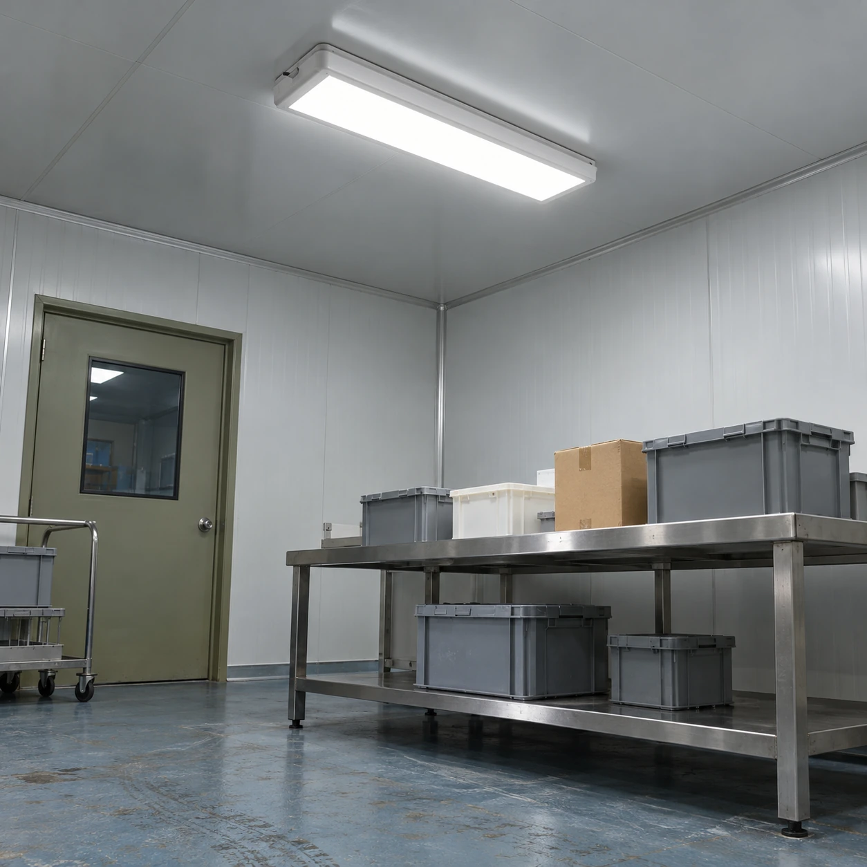 Sealed ceiling lighting over a compact controlled packing workbench