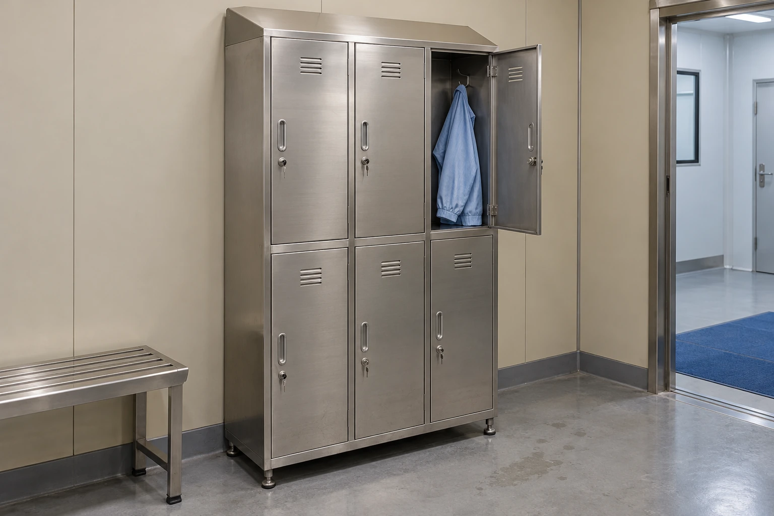 Six-compartment stainless steel cleanroom locker with a sloping roof and one open upper door
