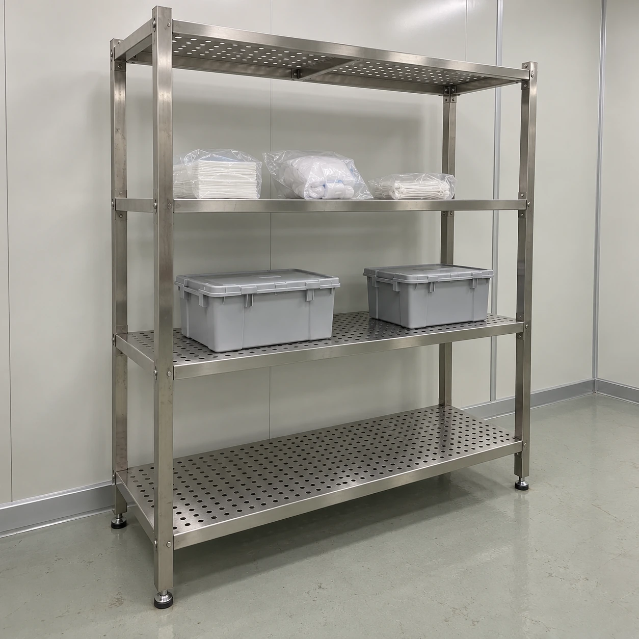 Four-tier stainless steel cleanroom shelving with perforated shelves, leveling feet and spaced closed storage containers
