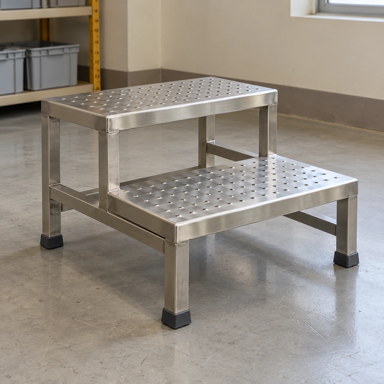 Low two-step stainless steel cleanroom stool with textured perforated treads and fixed floor pads in a parts-storage room
