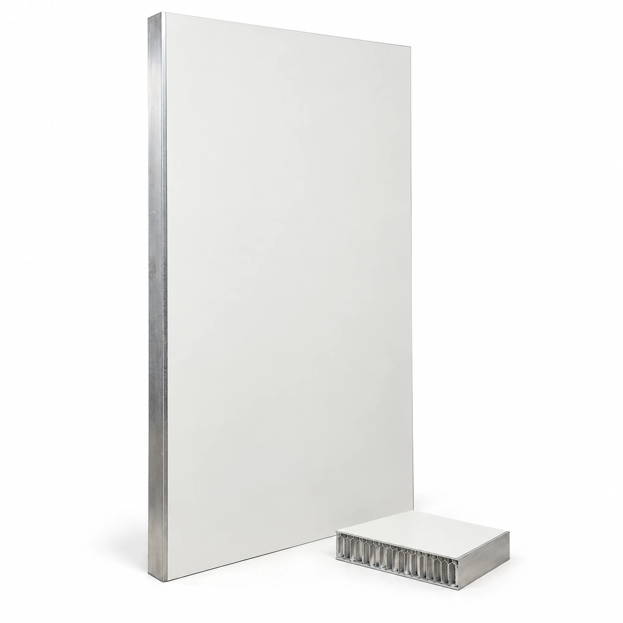 Aluminum-faced cleanroom wall panel with an aluminum frame and a honeycomb section sample