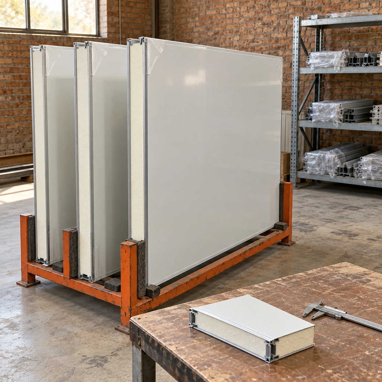 Cleanroom sandwich panels and a section sample in a small materials inspection and dispatch area
