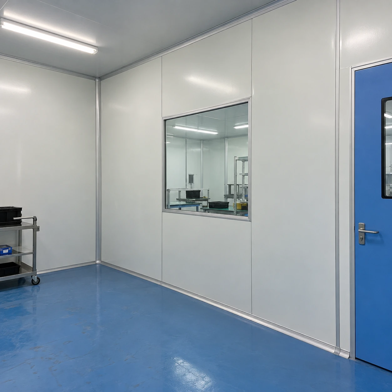 Modular cleanroom wall panels with sealed joints, an observation window and a coved corner