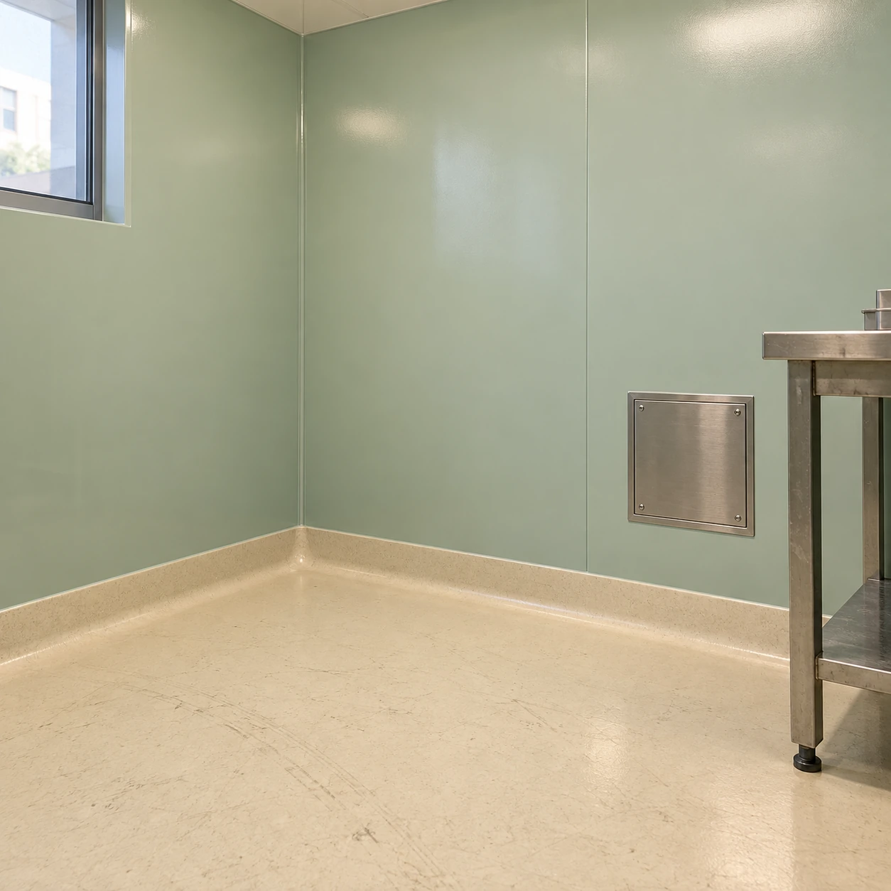 Smooth hygienic wall lining with a flush vertical joint, formed corner and coved floor transition