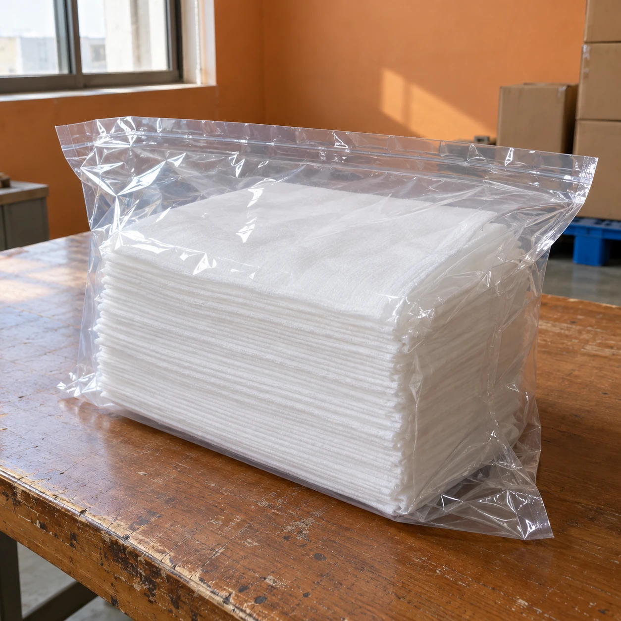 Industrial polyester wiping cloths with nested sealed packaging