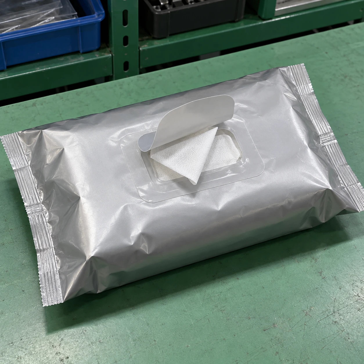 Resealable industrial wiping cloth pouch showing a folded white presaturated wipe on a green work surface