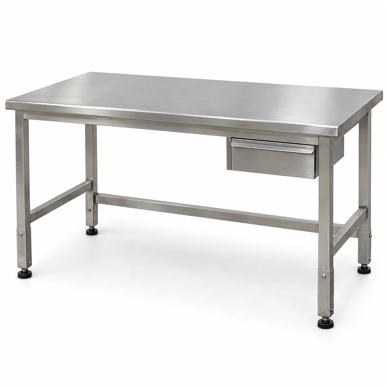 Stainless steel cleanroom workbench with a solid top, open knee space, shallow drawer and adjustable leveling feet