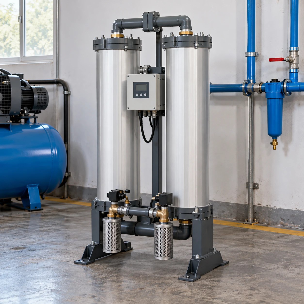 Compact silver twin-chamber regenerative desiccant air dryer with a control panel and service connections