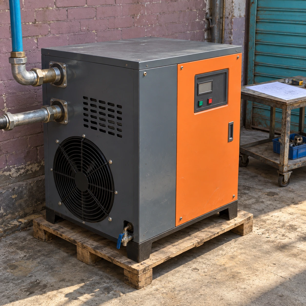 Refrigerated air dryer prepared for equipment inspection beside a small dispatch trolley
