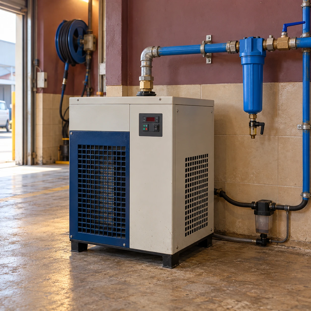 Compact refrigerated compressed air dryer beside a hose reel in an ordinary professional vehicle workshop