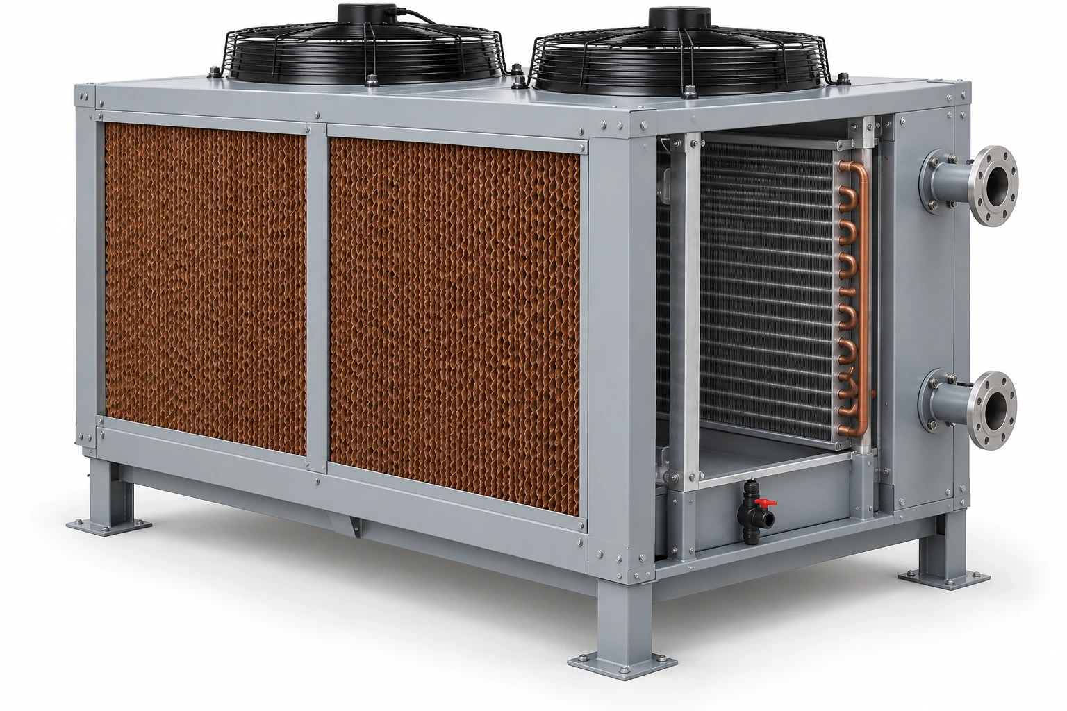 Compact industrial adiabatic fluid cooler with top fans and side pre-cooling pads
