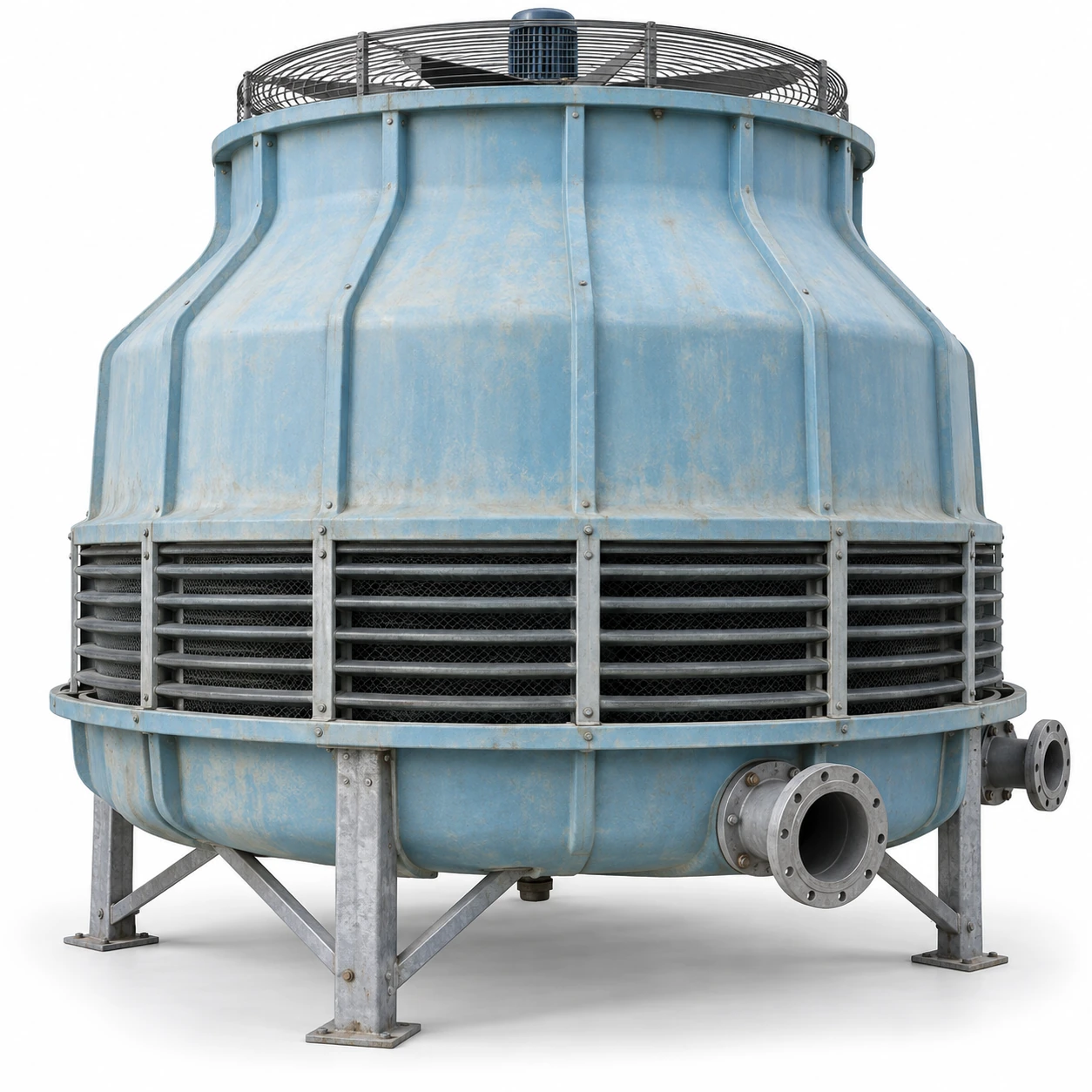Round industrial FRP cooling tower with top fan, inlet louvers and support frame