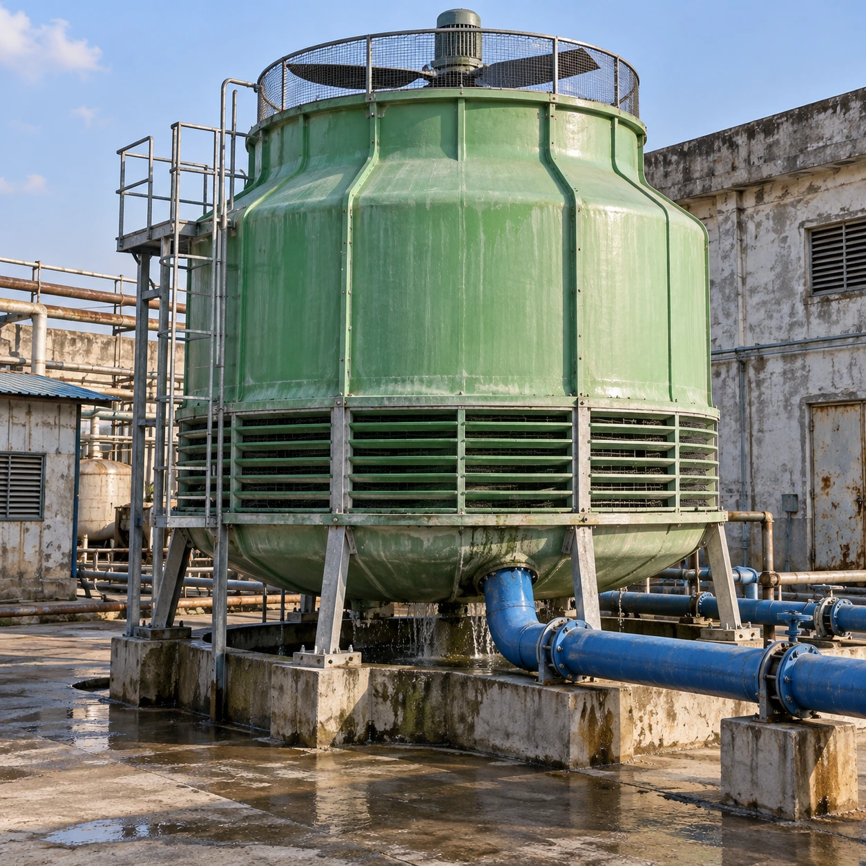 Ordinary green fiberglass evaporative cooling tower with water pipes at a factory