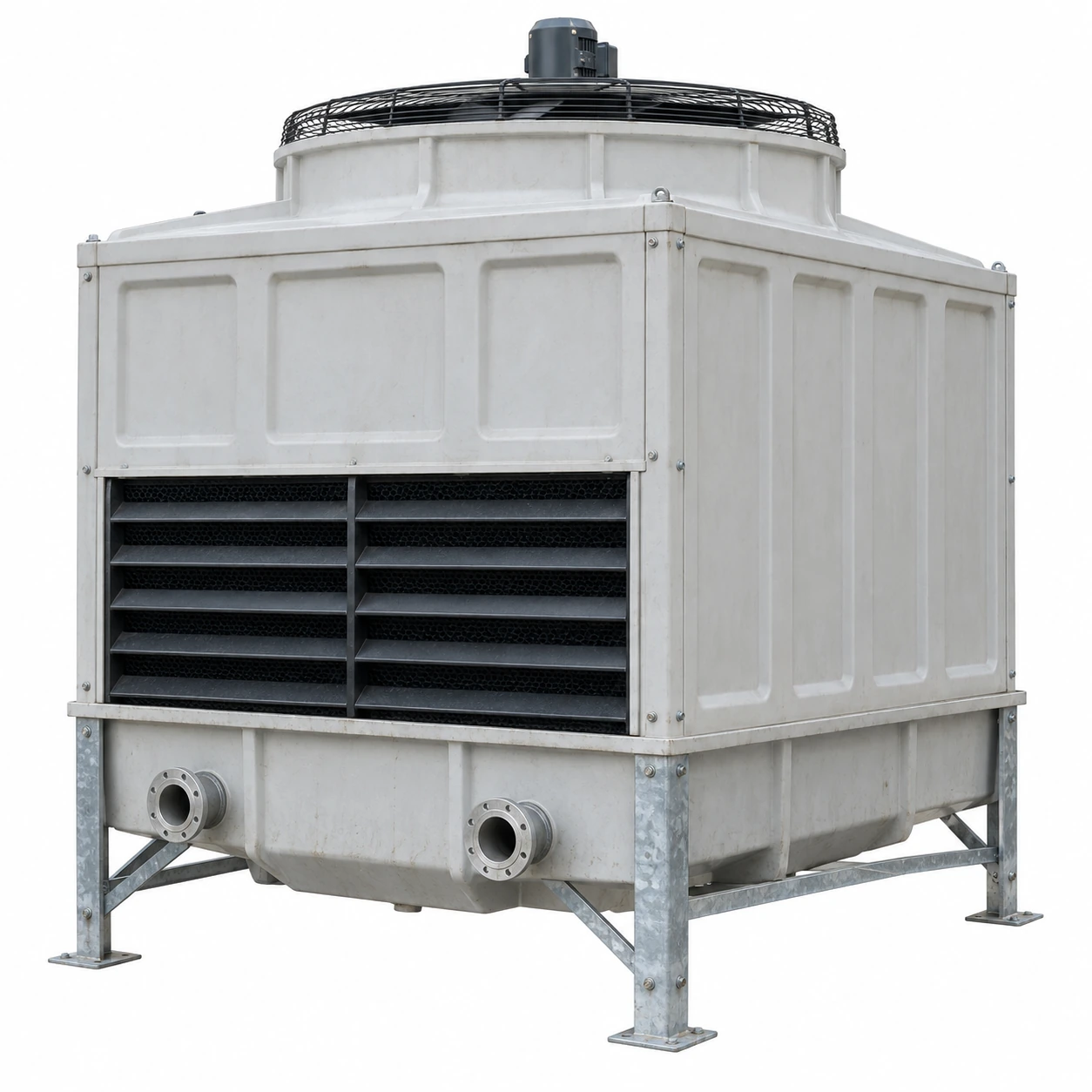 Rectangular rooftop cooling tower with condenser-water pipes for a commercial central plant